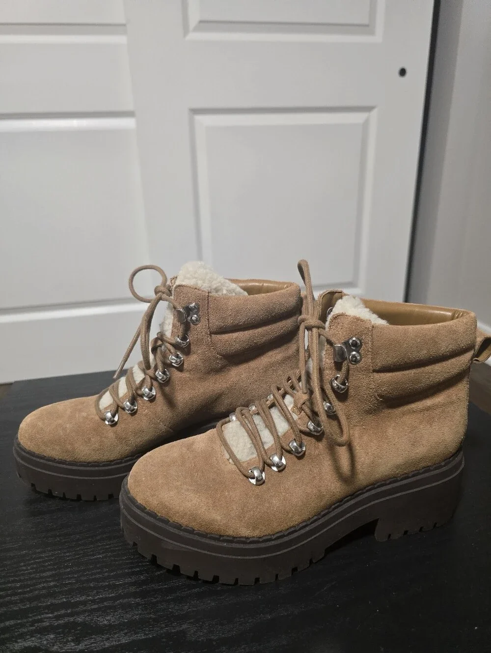 MARC FISHER Tan Suede Shearling-Lined Hiker Boots